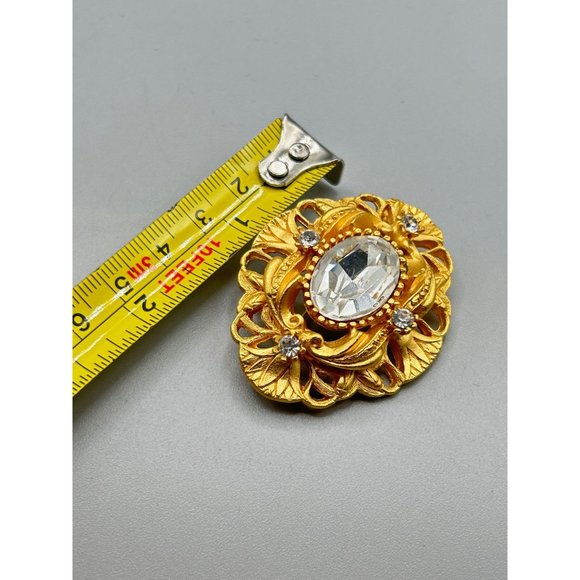 Vintage Matte Gold Tone Brooch Very Ornate Oval Design with Clear Rhinestones - Picture 6 of 6